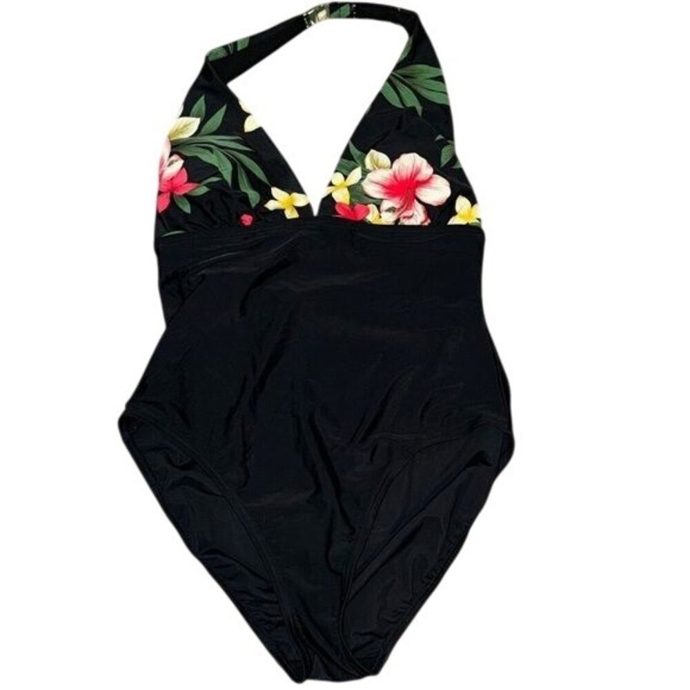 Beach Cabana Halter One-Piece Swimsuit With Floral Print Black L Nylon/Spandex